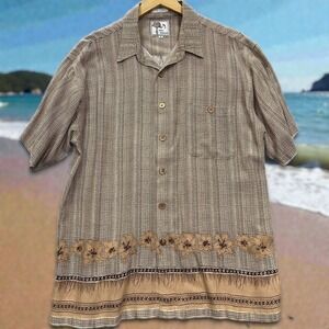 Marc Edwards Hawaiian Aloha Shirt Mens XL Brown Rayon Floral Border Y2K